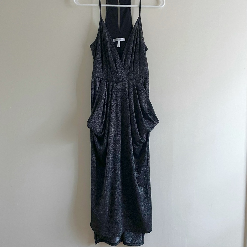 bcbgeneration Sanna deep v neck glitter dress with draped pockets size x small